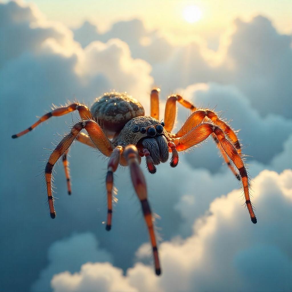 Photorealistic Spider Floating Through Clouds