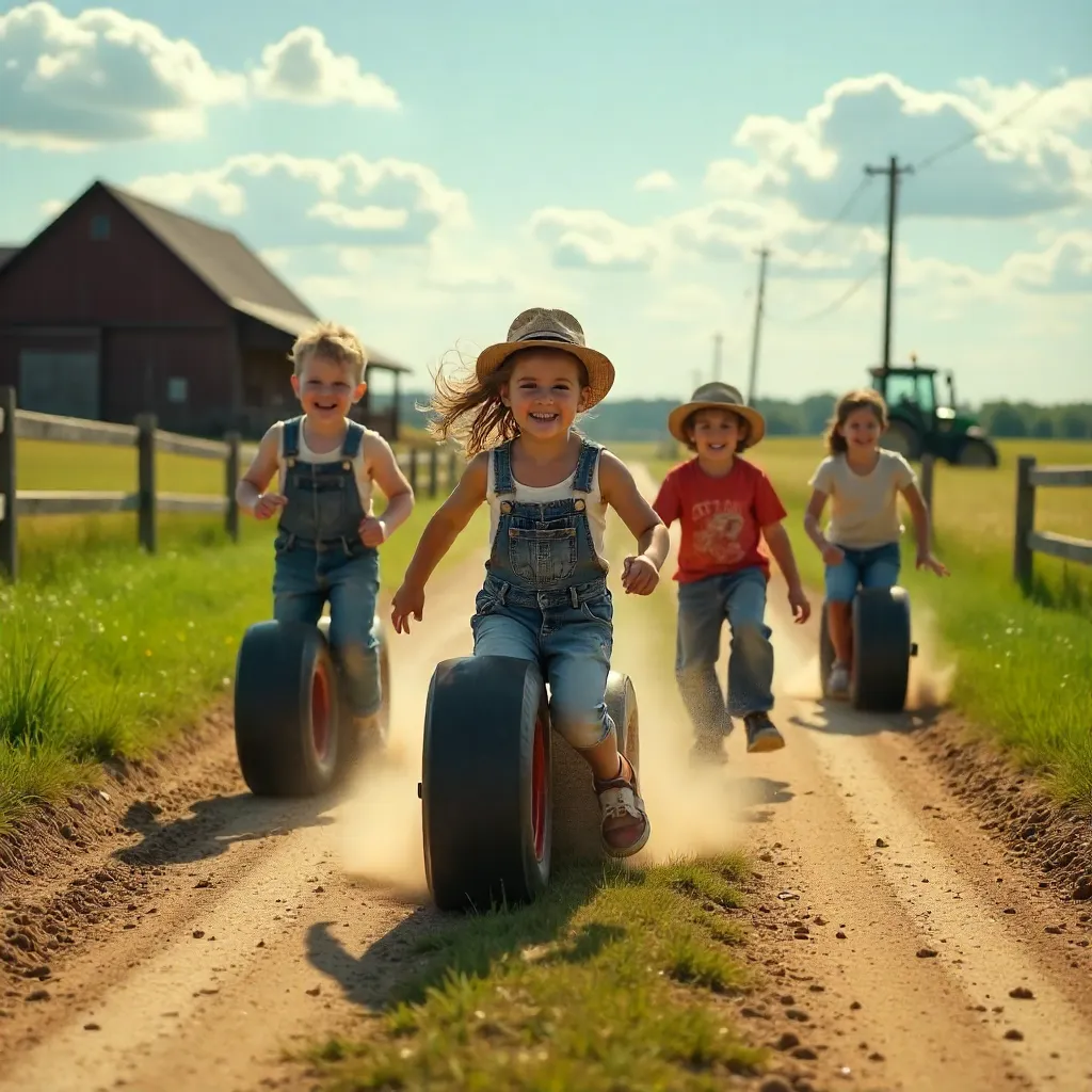 Children Rolling Tires on a Sunny Rural Road