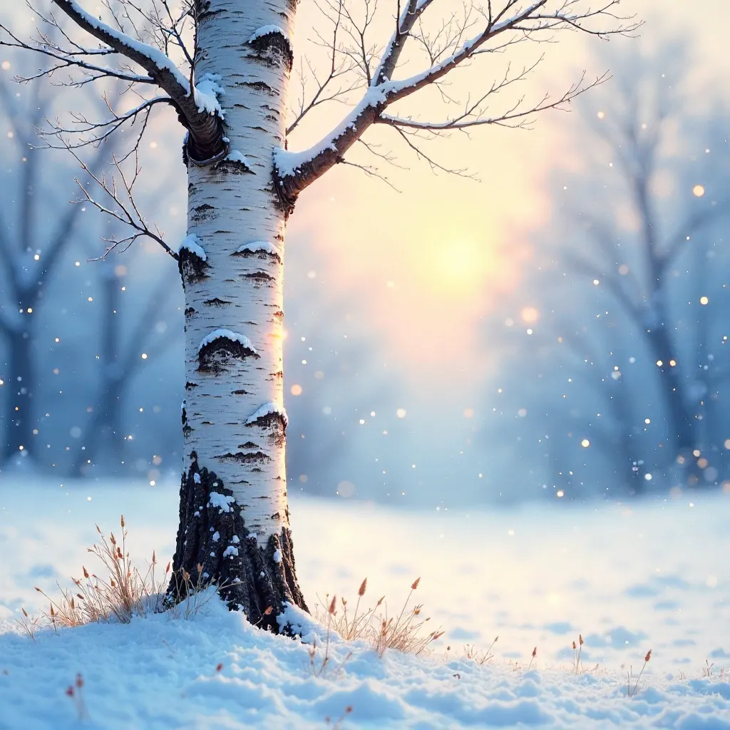Dreamy Lone Birch in a Blurred Winter Scene