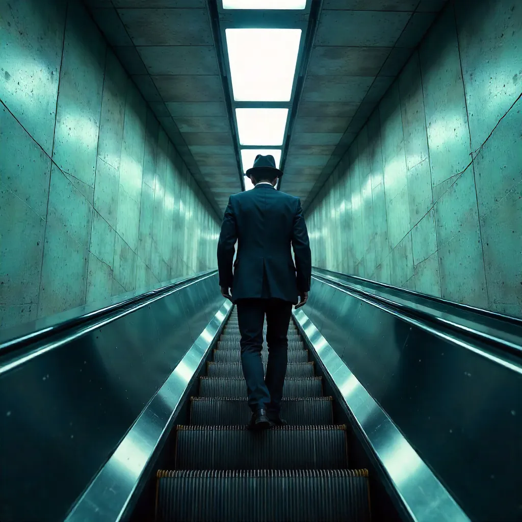 Geometric Subways: Man in a Hat on Escalator