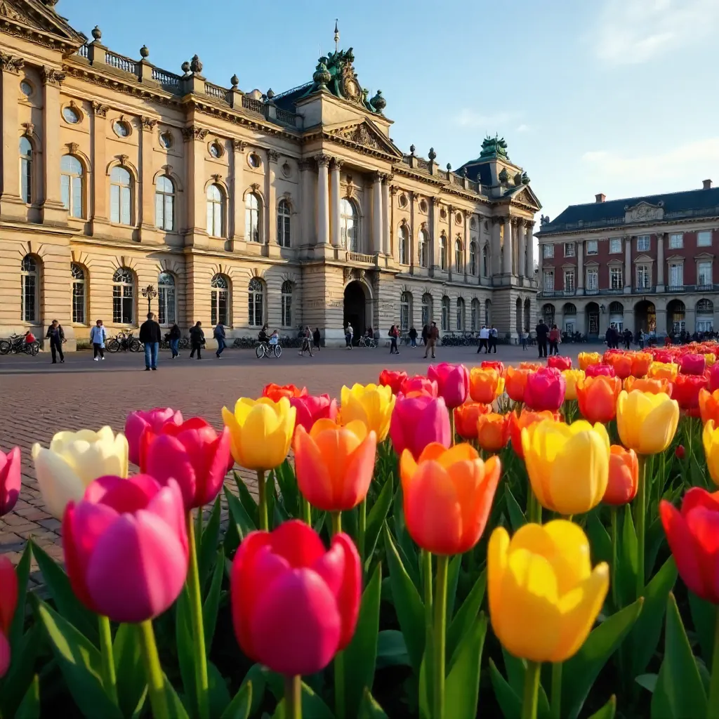 Vibrant Tulips Before the Royal Palace, Dam Square
