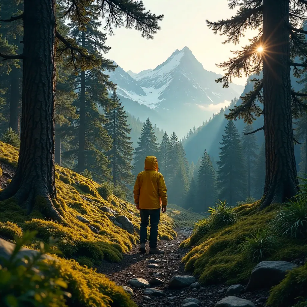 Lone Wanderer in a Yellow Jacket in Vysoké Tatry Forest