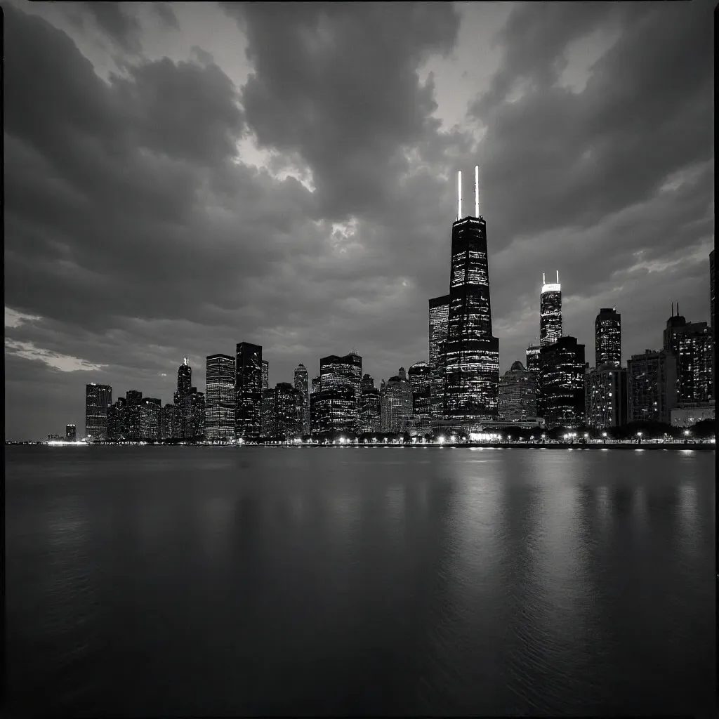 Monochrome Chicago Skyline Twilight Towers