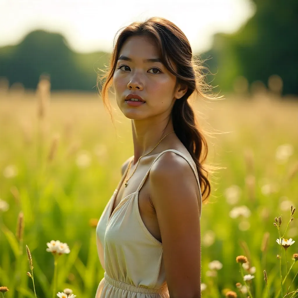Serene Meadow Portrait of a Calm Woman in Nature