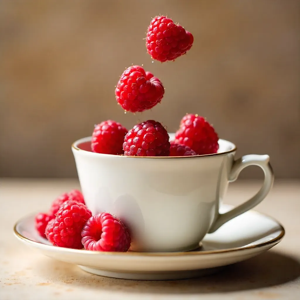 Close-Up: Raspberries Cascading into an Elegant Cup on Beige