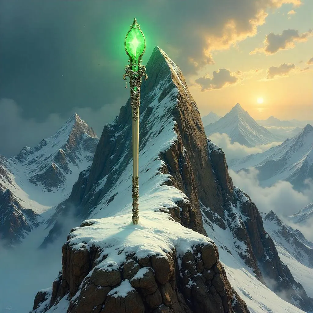 Mystical Wand on a Mountain Peak in Oil Painting