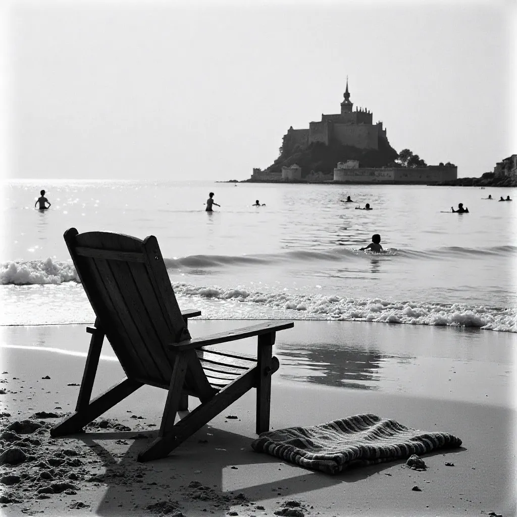 Monochrome Beachscape with Chair, Towel, Swimmers, Castle