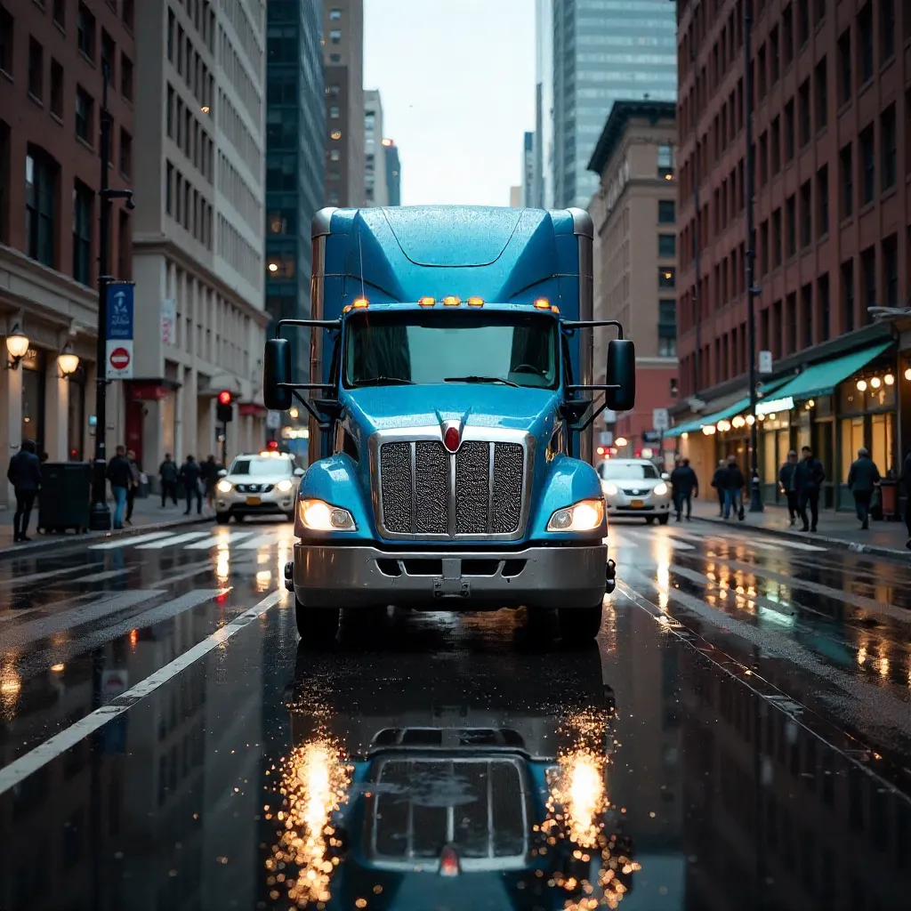 Front View of a Truck on a Wet NYC Street