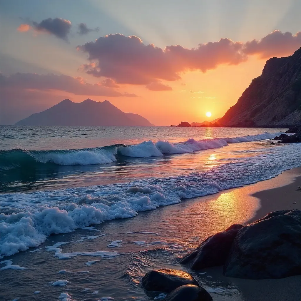 Peaceful Sunset over Ocean and Mountain Peaks