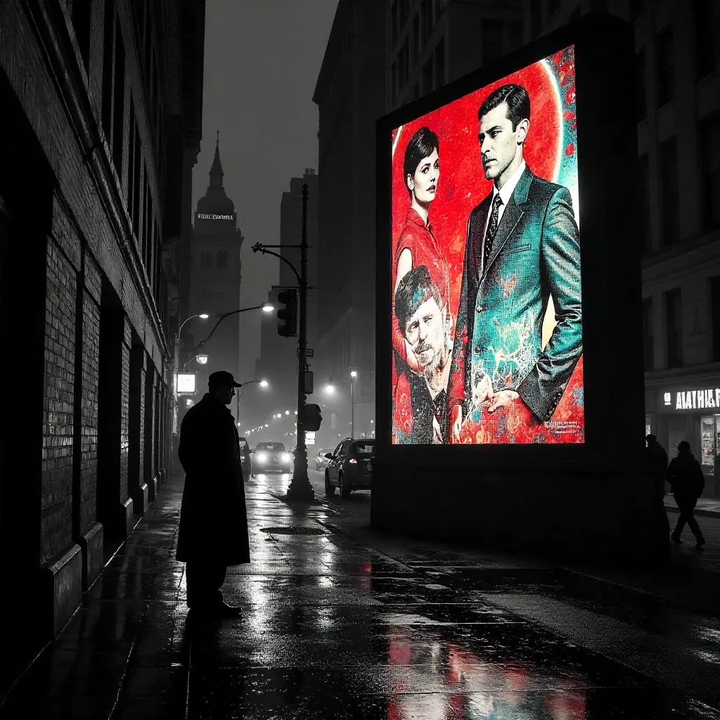 Contrasting Neon Billboard in Monochrome Street