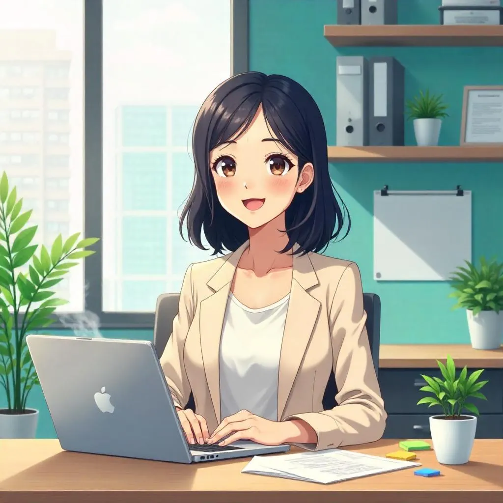 Cheerful Asian Office Anime Woman Portrait