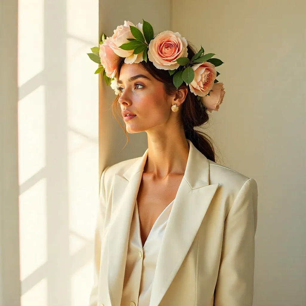 Sunlit Fashion: Floral Crown by the White Wall