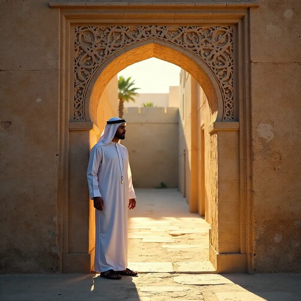 Man in Omani Attire by Nizwa Archway at Golden Hour