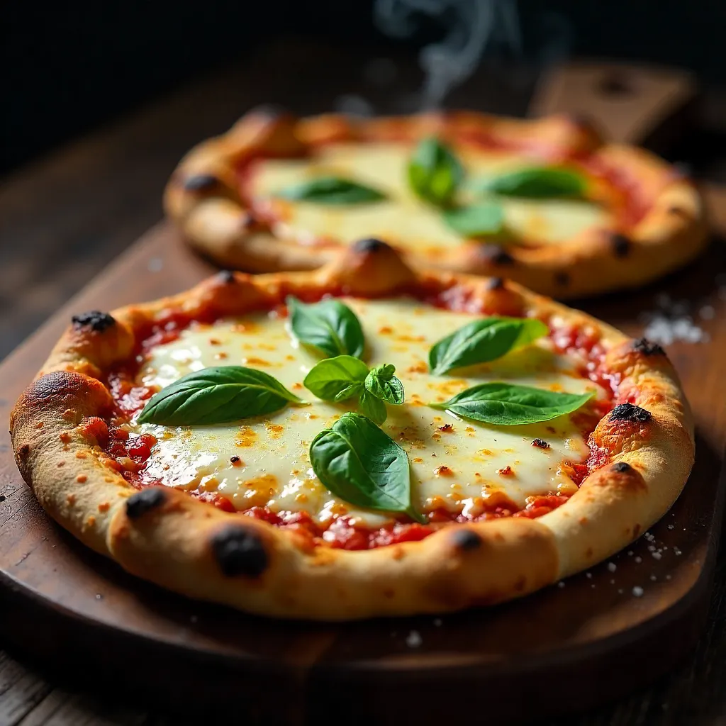 Two Mozzarella and Basil Pizzas on Rustic Board