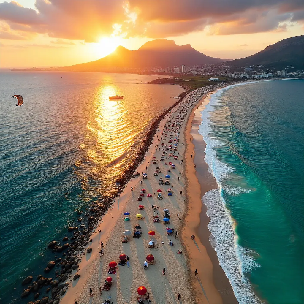 Aerial Sunset Over Cape Town Beach With People