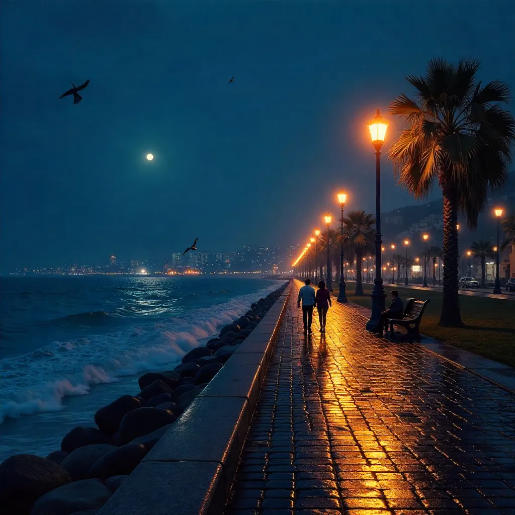 Moonlit Mar del Plata Promenade Under Amber Streetlamps