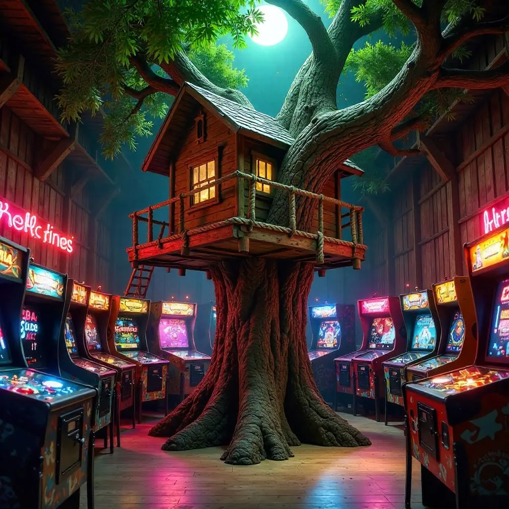 Photoreal Treehouse in a Neon Arcade