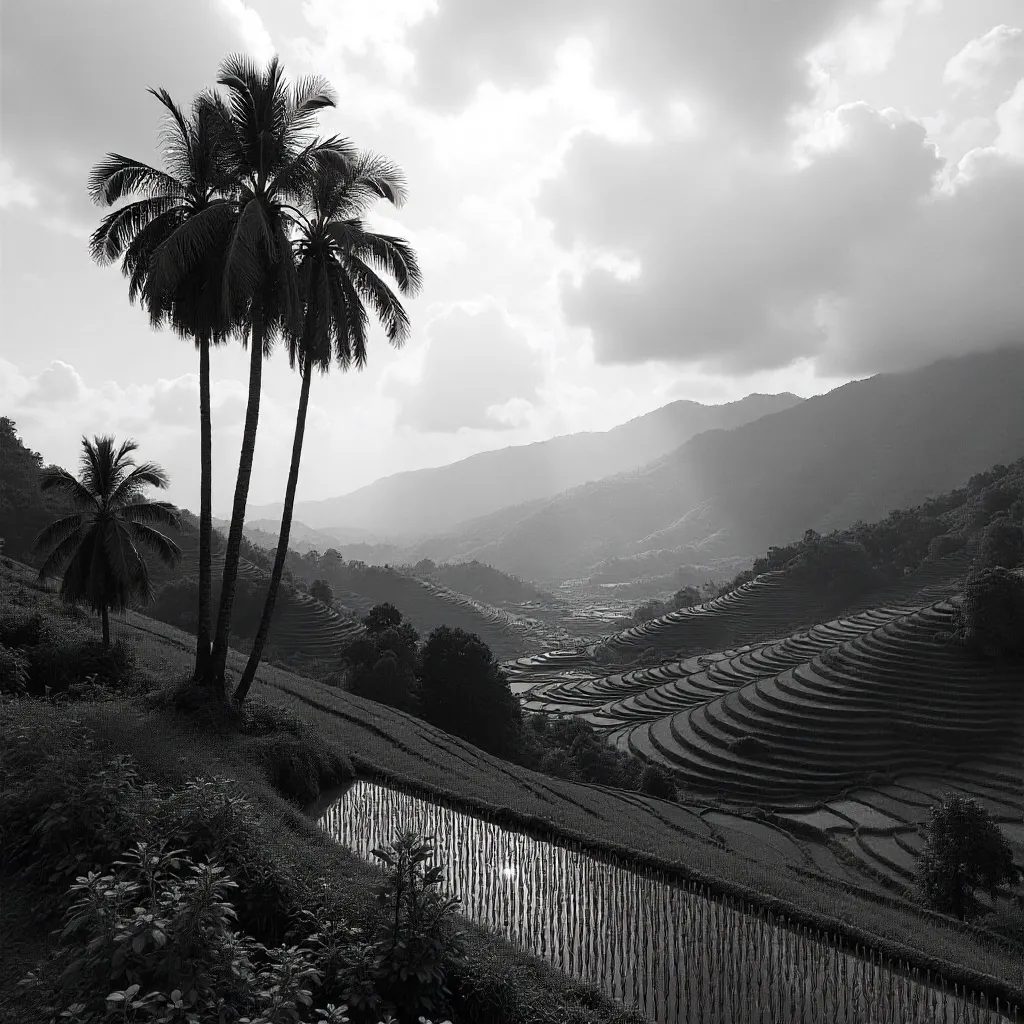 Monochrome Palm Trees Over Yogyakarta Rice Fields with Mountains