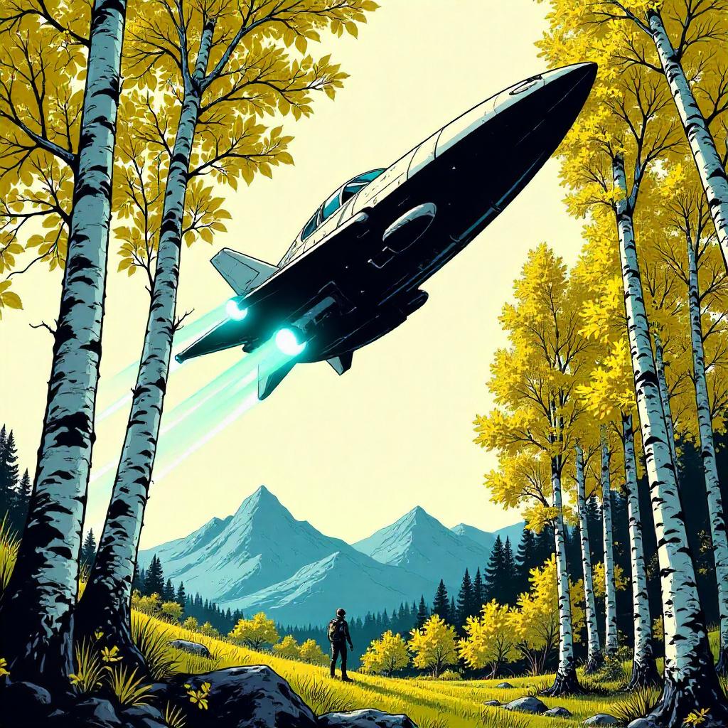 Spaceship in a Birch Forest: Comic Book Style