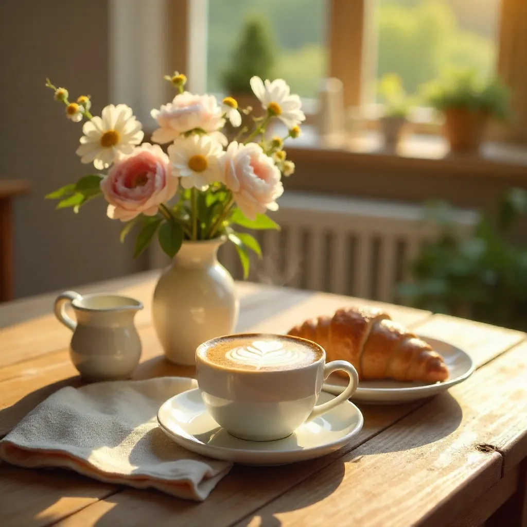 Morning Sunlit Coffee Setup with Flowers