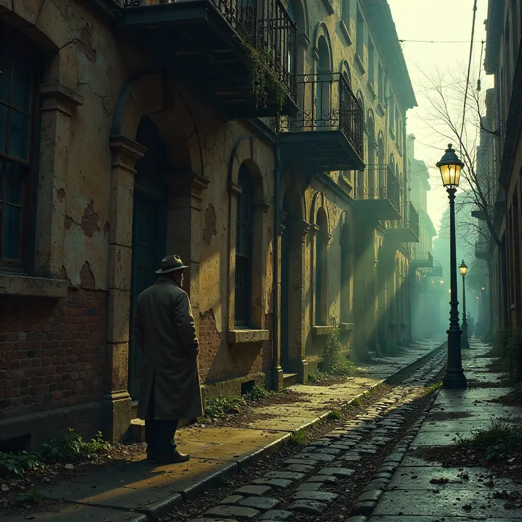 Shadowed Exterior: A Man Amid Historic Decay