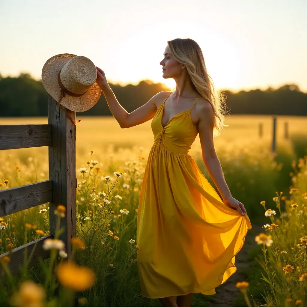 Sunlit Meadow: Woman Reaches for a Straw Hat