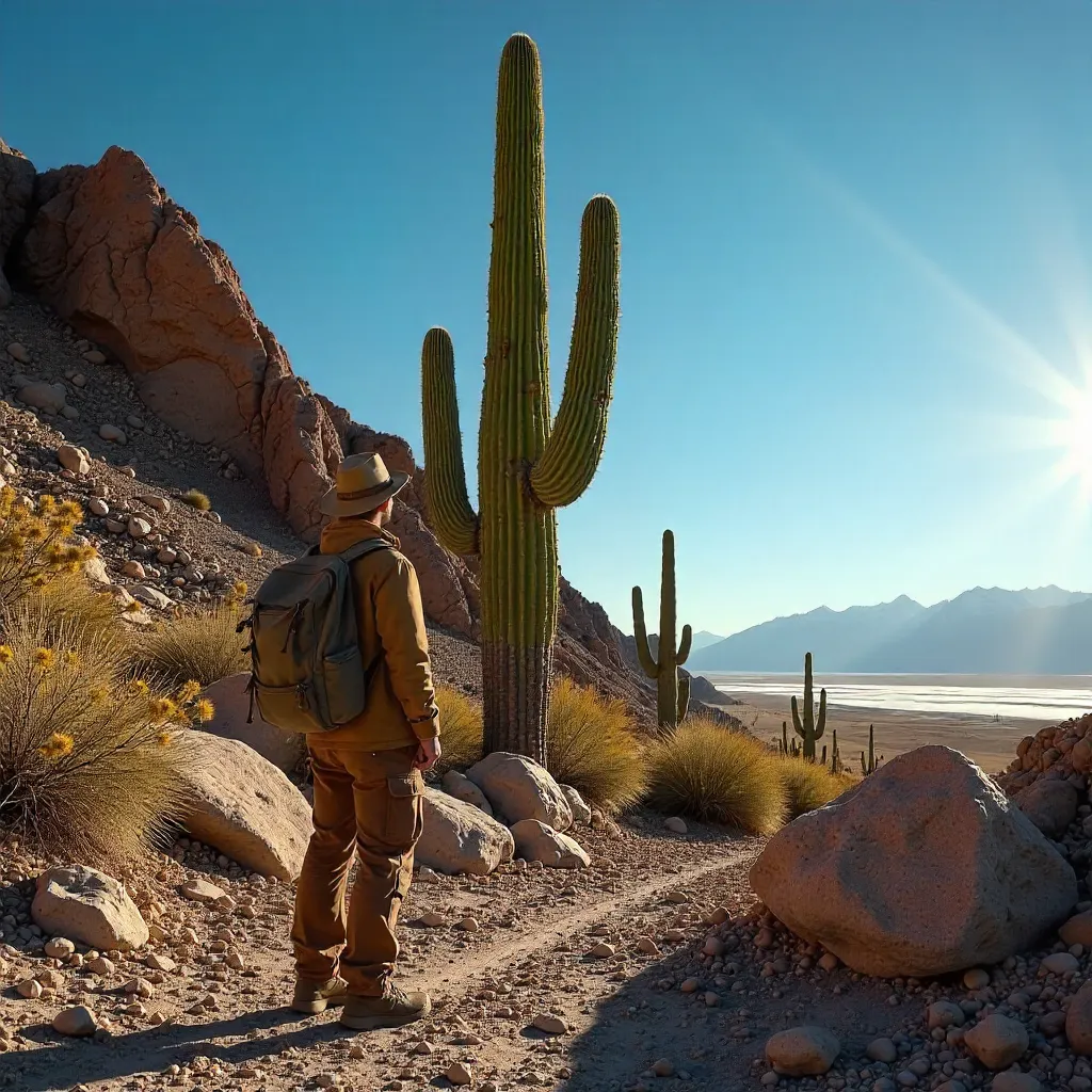 Explorer among Uyuni's Giant Desert Cacti