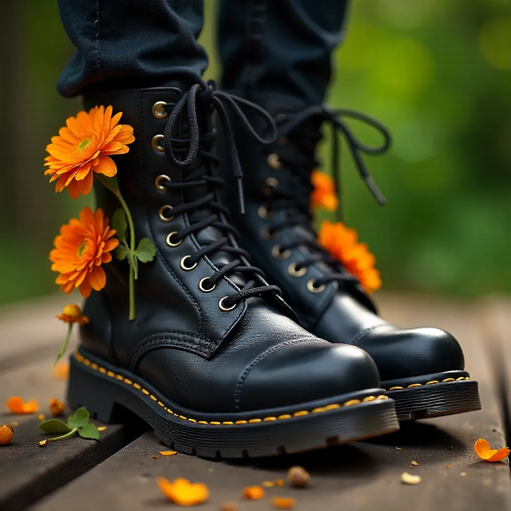 Floral-Armor Boots: Orange Bloom Adornment