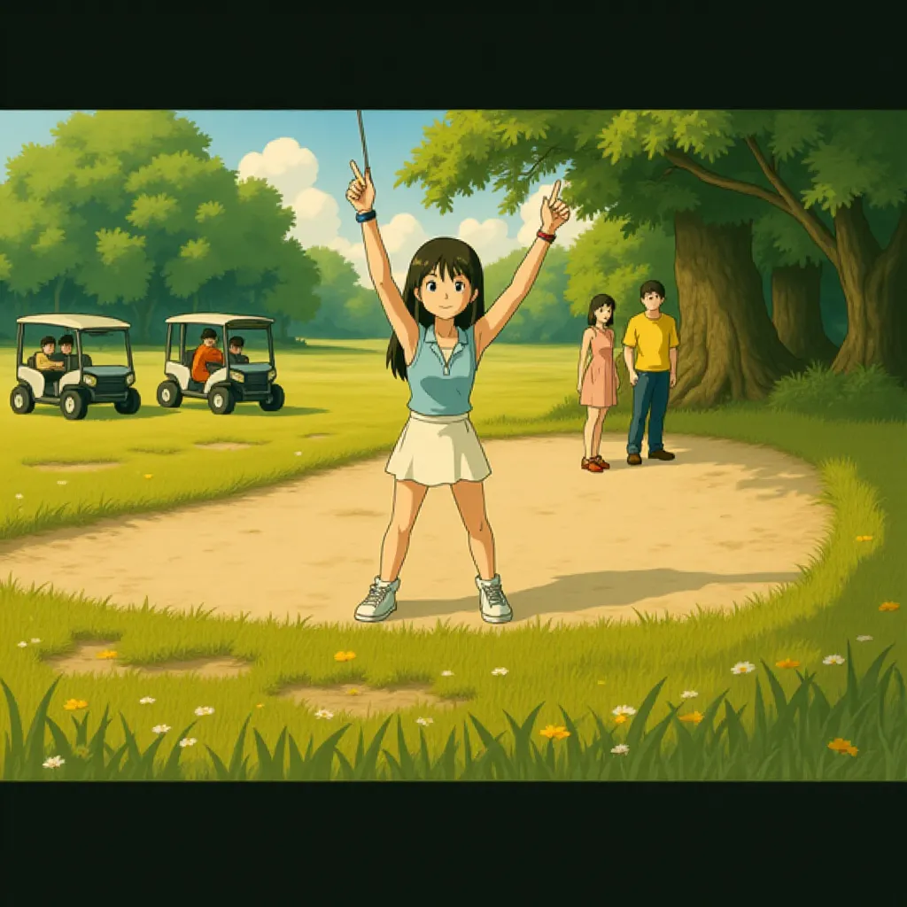 Martin Herlihy, Eric André, and Margaret Qualley in Happy Gilmore 2 (2025) - Ghibli style