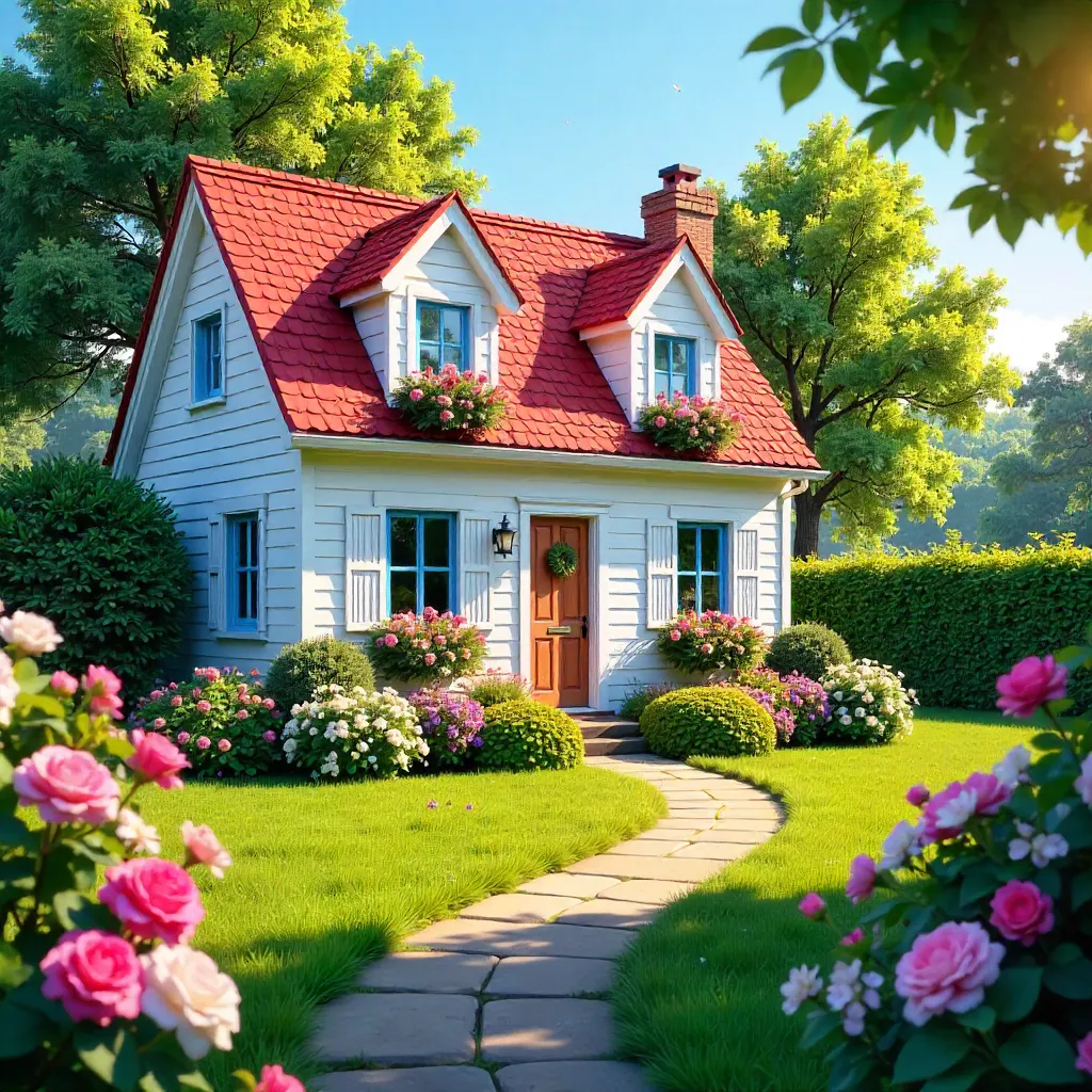 Sunny White Cottage with Red Roof in a Lush Garden