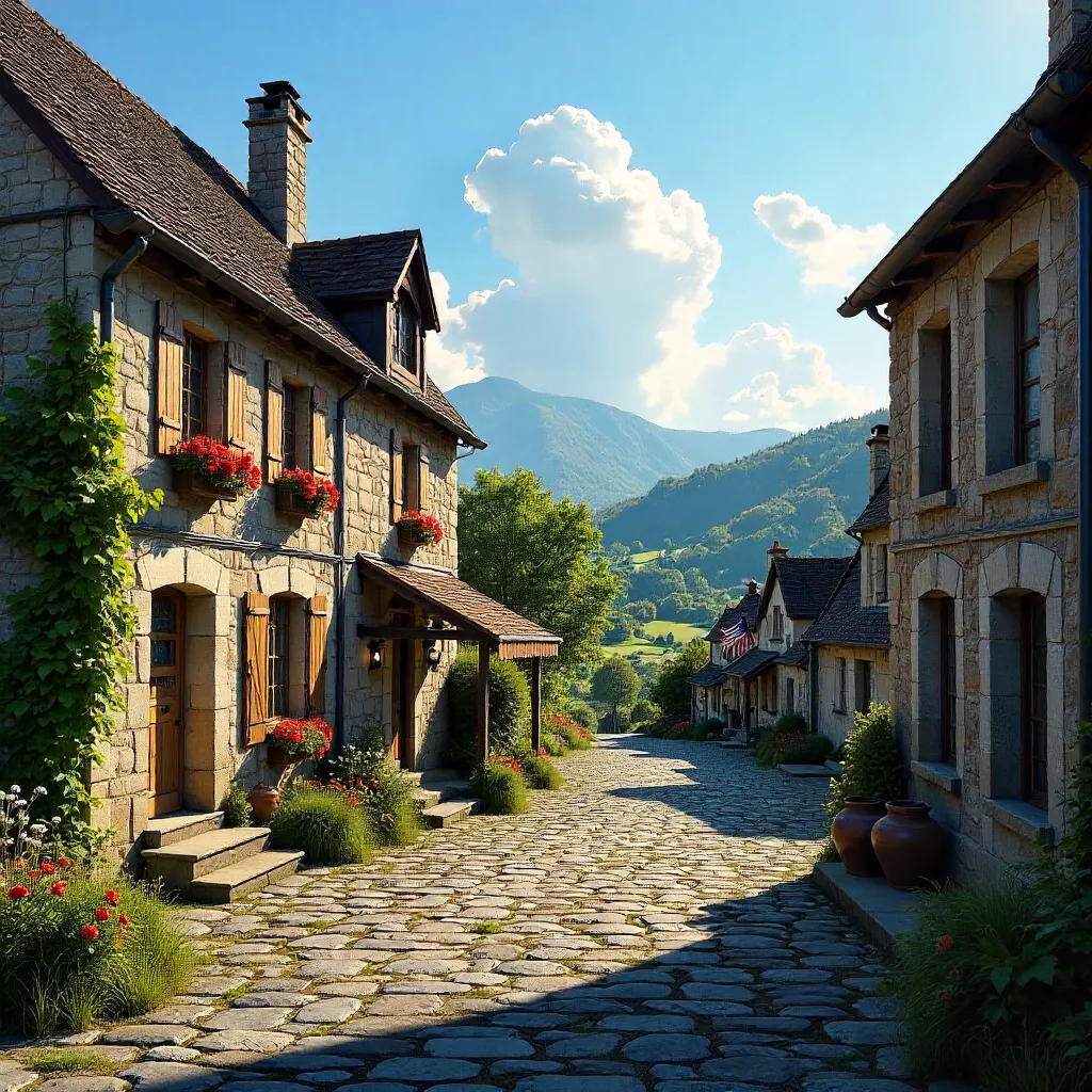 Rustic Stone Village under a Blue Sky in Auvergne