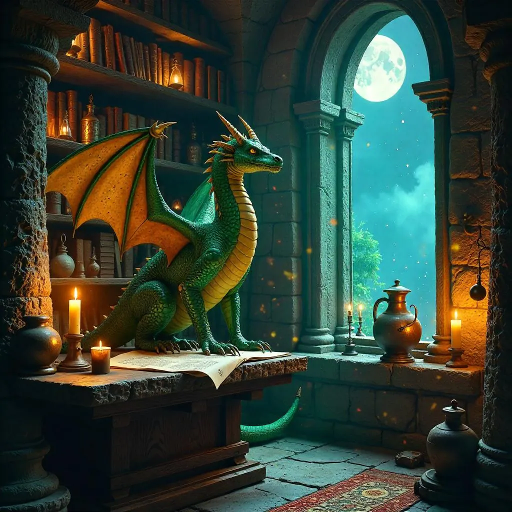 Photoreal Wyvern in a Wizard's Tower Interior