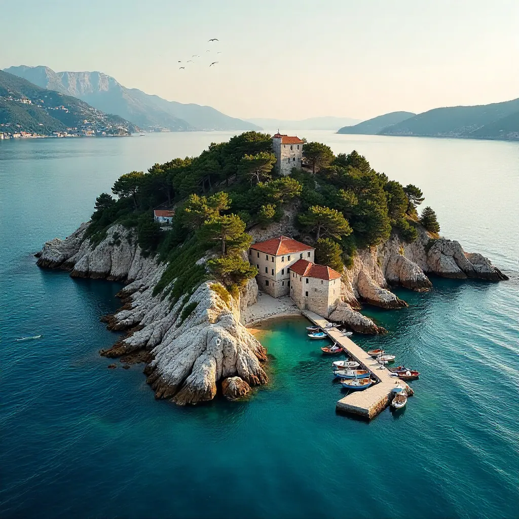 Aerial Island near Dubrovnik with Boats