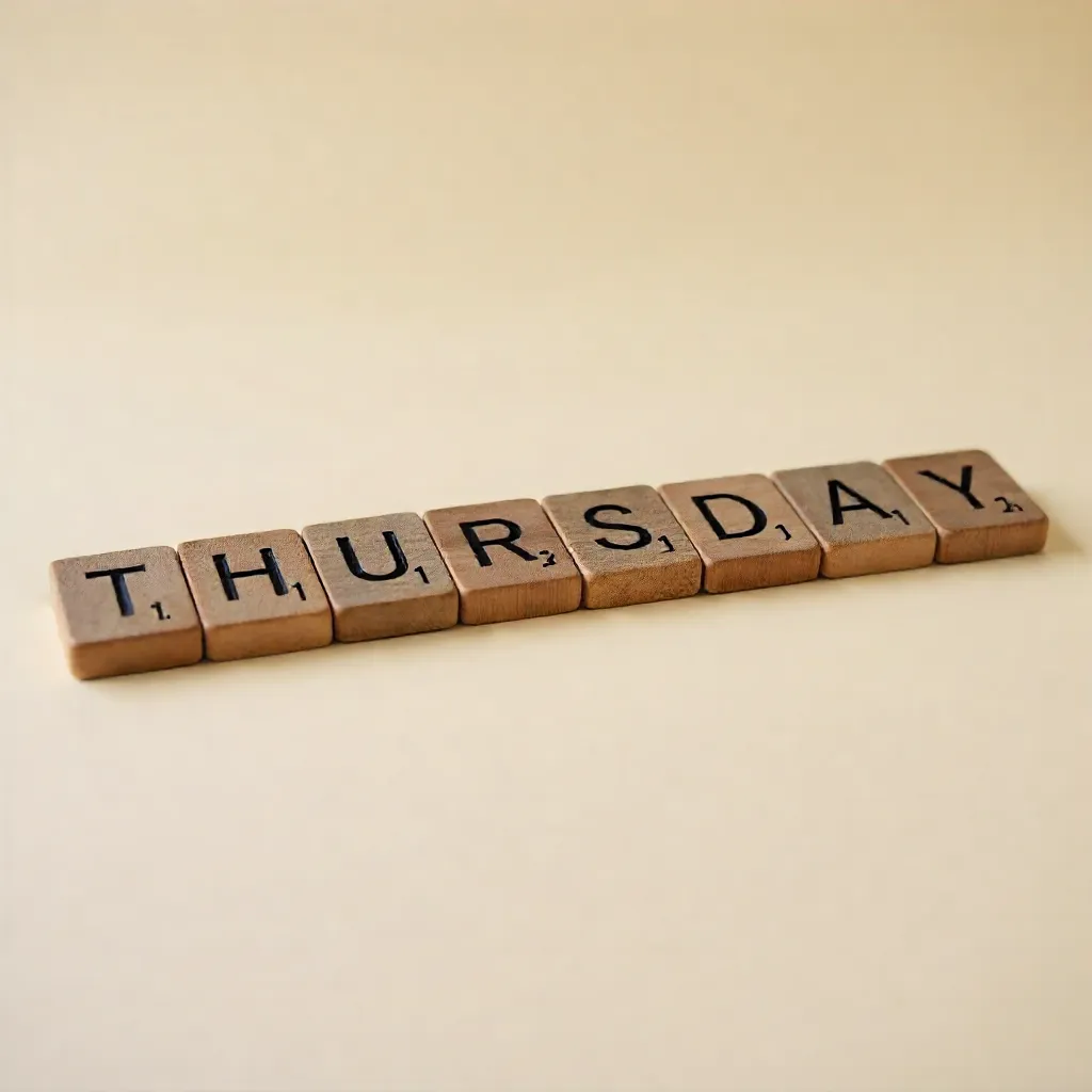 Wooden Letter Blocks Spelling Thursday on Beige