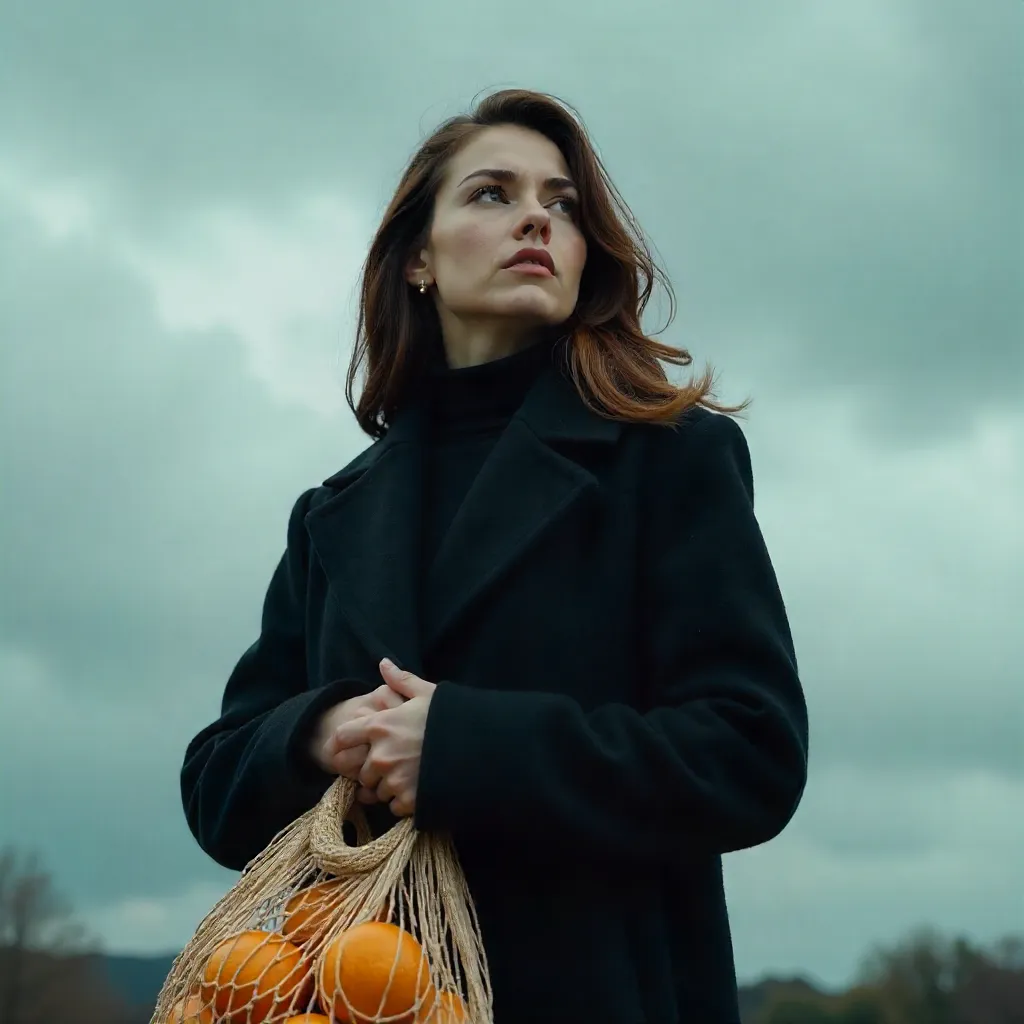 Thoughtful Woman in Black Coat with Oranges