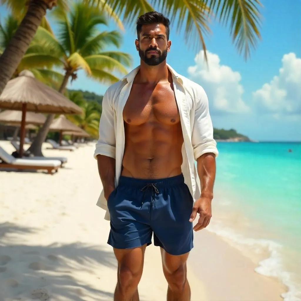 Strong Latino Man at a Beach Resort