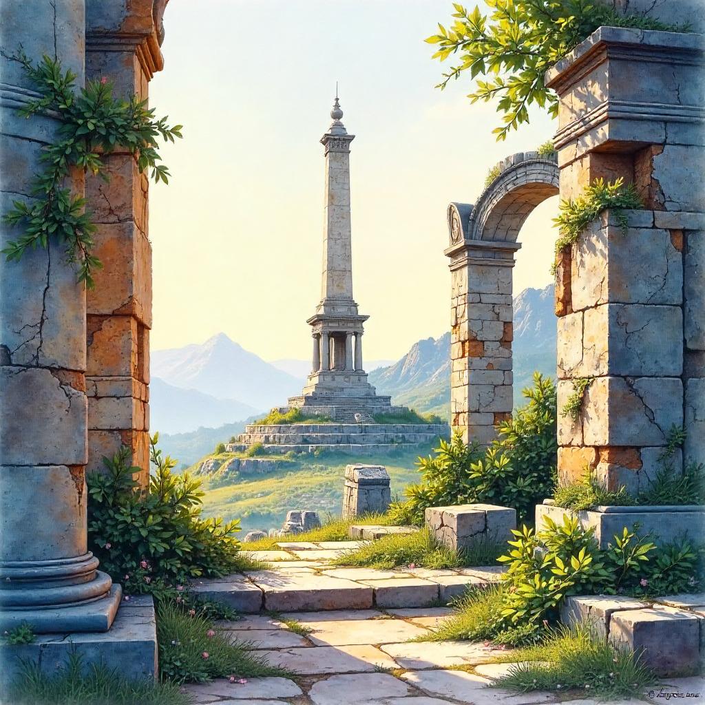 Watercolor Monument in Ancient Ruins