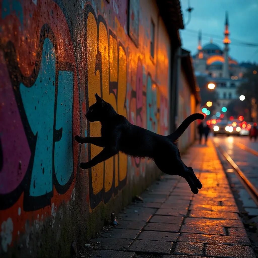Urban Shadow: Black Cat Leaps Over Istanbul Graffiti Wall