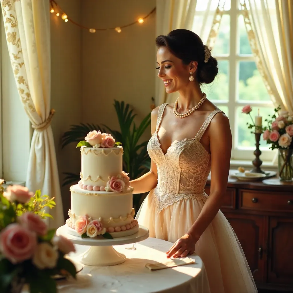 Vintage Dress Celebration with Cake and Flowers