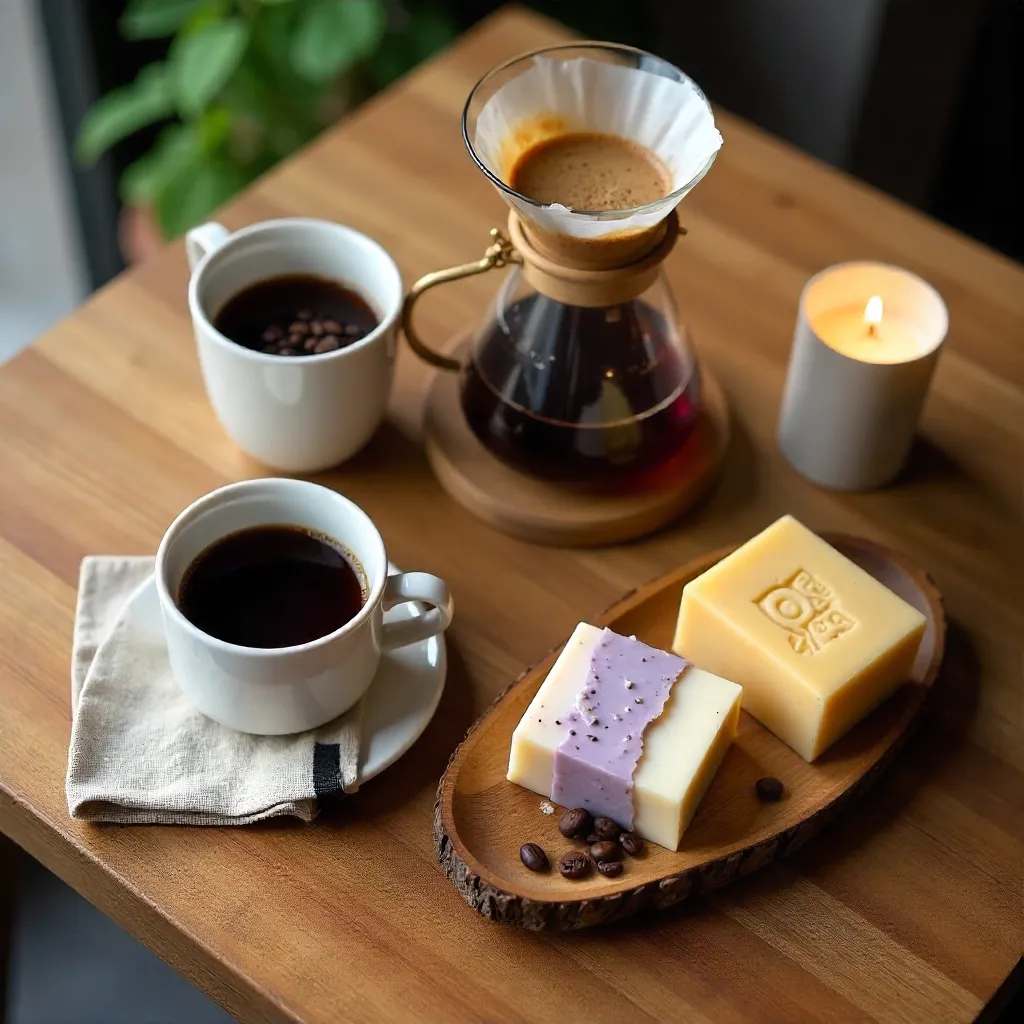 Cozy Coffee Setup with Soaps on Wood Table