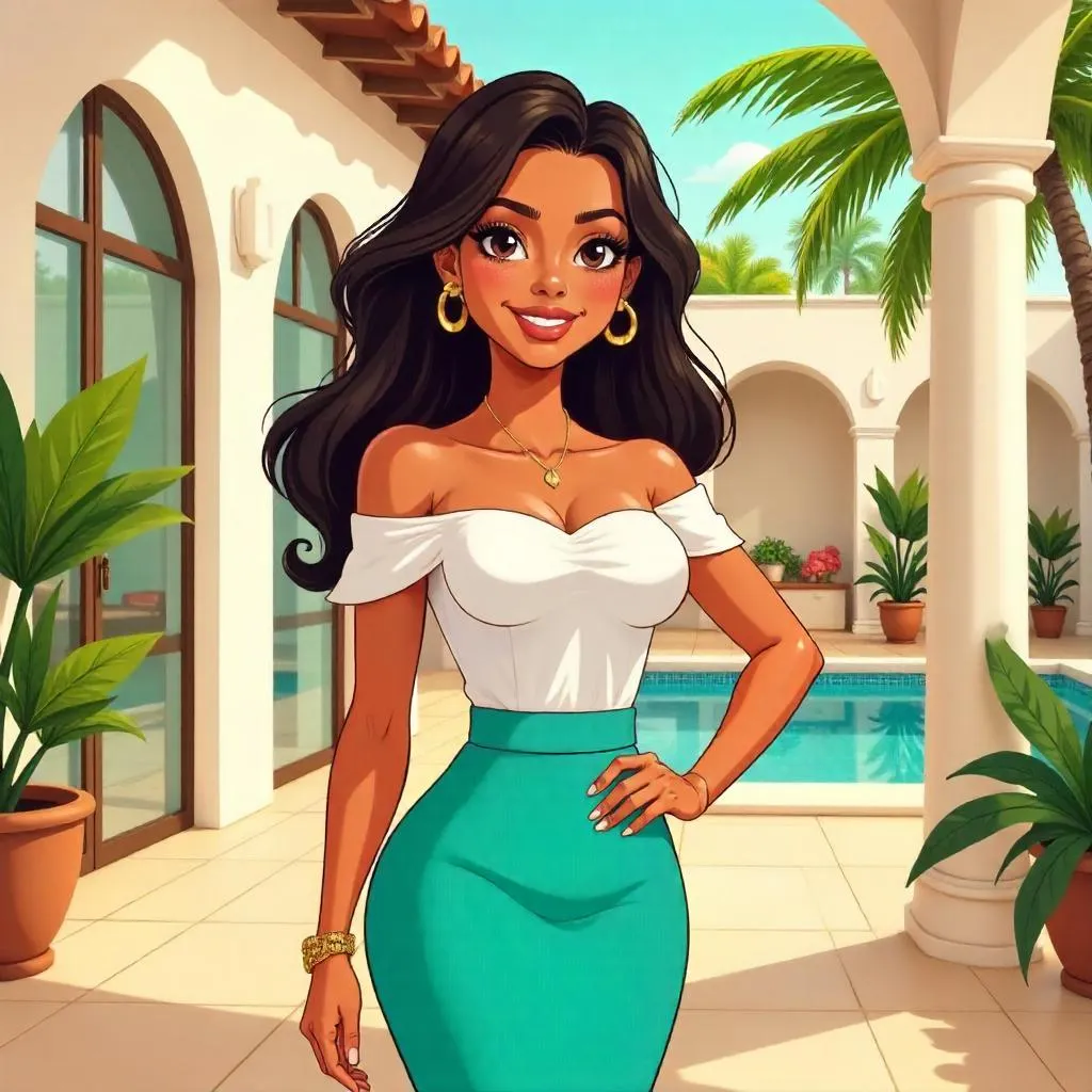 Stylish Latina Girl in a Villa – Cartoon Style