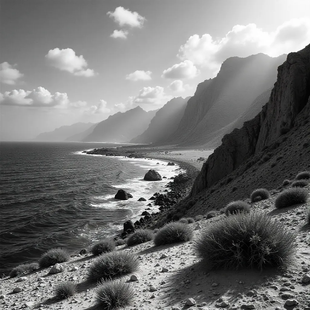 Sinai Black-and-White: Rugged Mountains and Coast