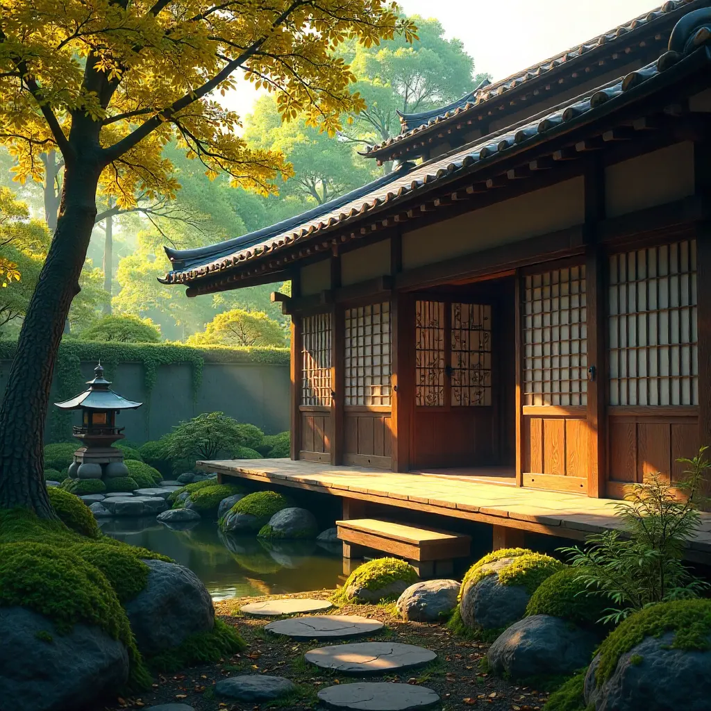 Sunlight through trees onto a traditional Japanese building
