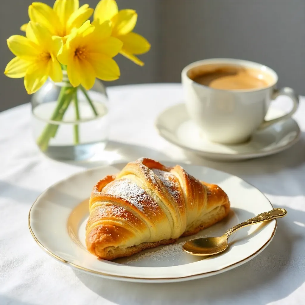 Elegant white setting: pastry, mimosa, and coffee