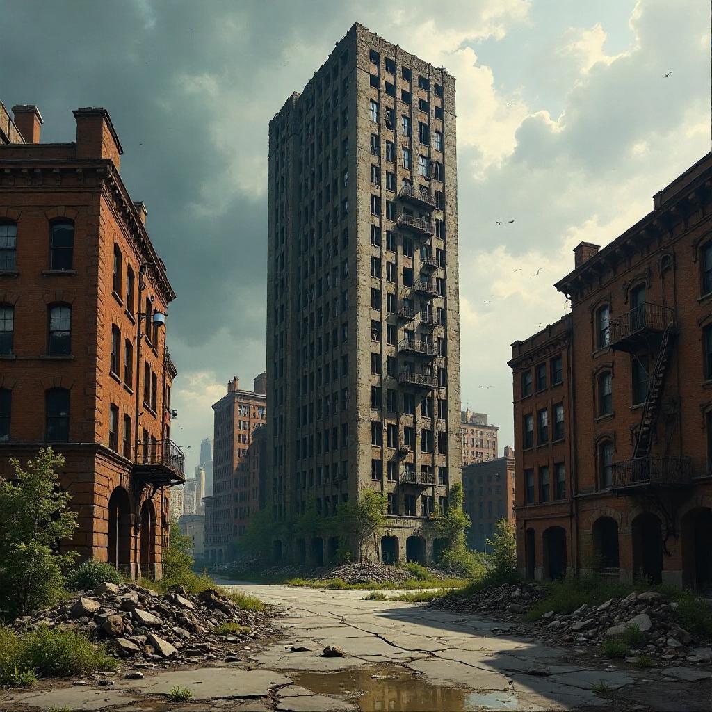 Crumbling Skyscraper: An Oil Painting Ruinscape