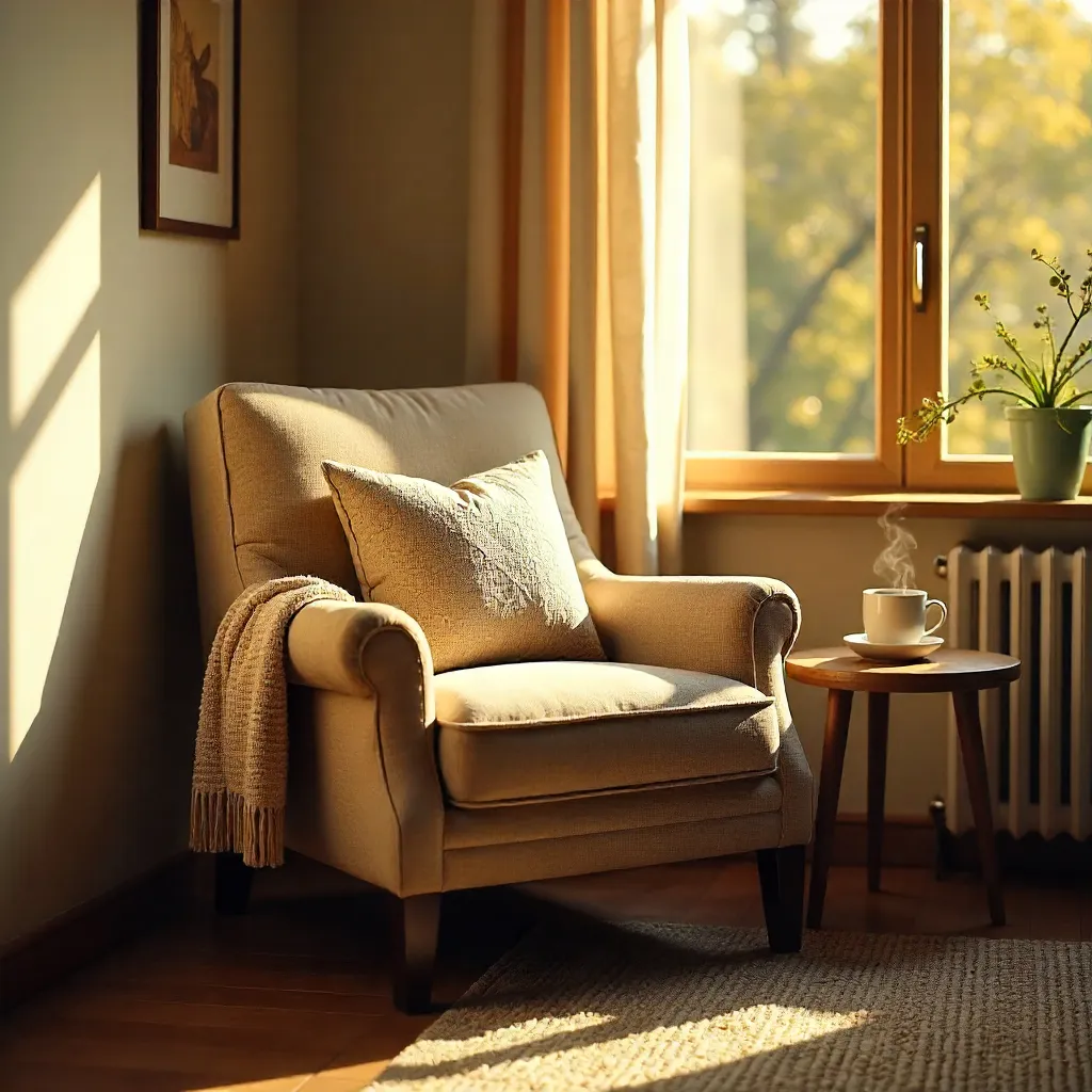 Sunlit Cozy Chair with Pillow and Steam Coffee