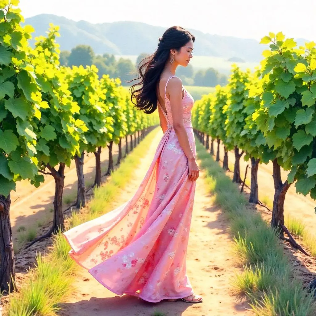 Watercolor Elegance: Asian Woman in a Vineyard