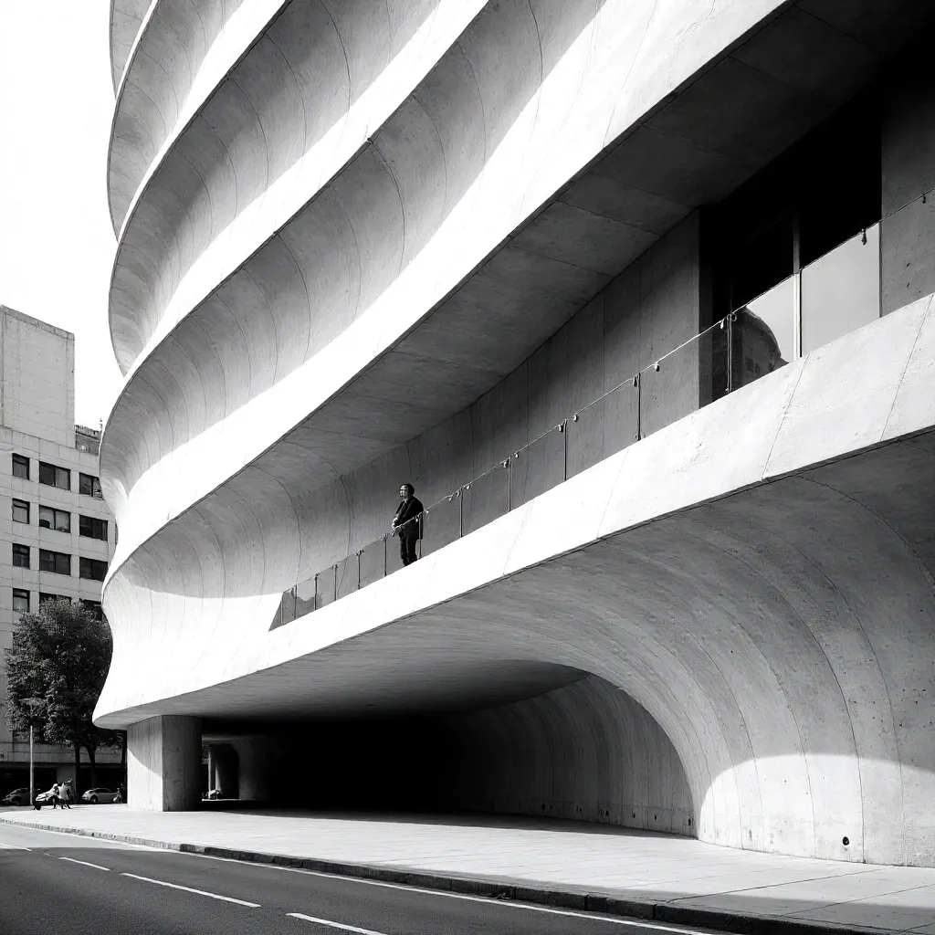 Monochrome Wave Facade with Balcony Figure