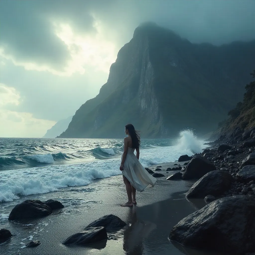 Woman at the Shore Facing a Mountain under Clouds