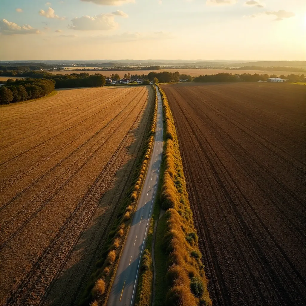 Aerial Road Through Brown Fields Near Graz, Austria
